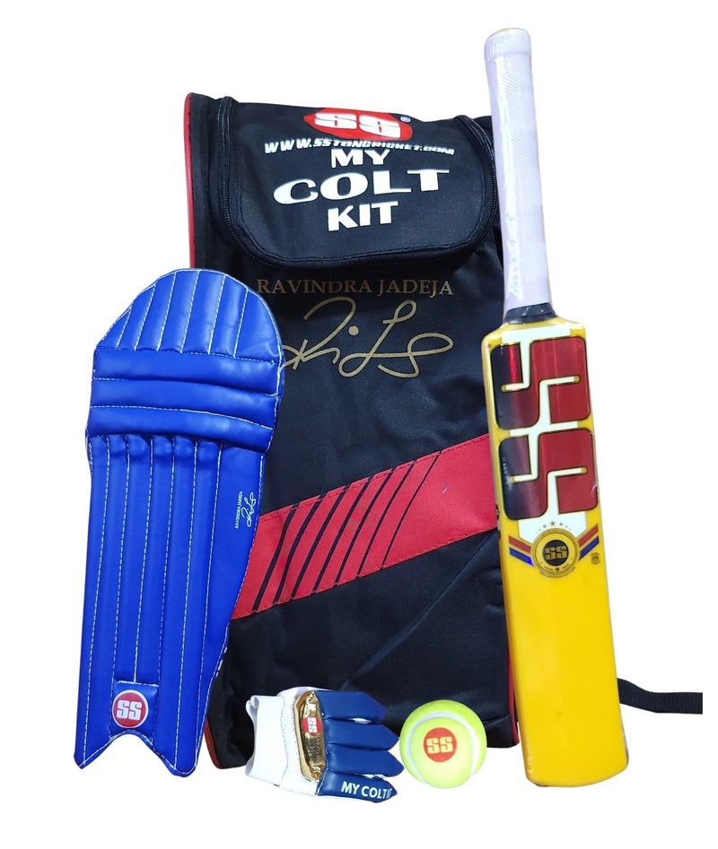 اس اس مجموعة أدوات الكريكيت SS ماي كولت جونيور (إصدار رافيندرا جاديجا) – المقاس 1 | مجموعة بداية للأطفال من عمر 6 إلى 8 سنوات تشمل مضرب، كرة، حقيبة، قفازات الضرب، واقيات الساق - Image 1